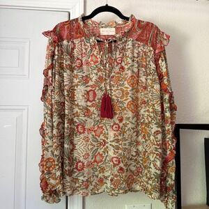 MISS JUNE PARIS cream red puff peasant gauze sheer floral ruffle blouse top